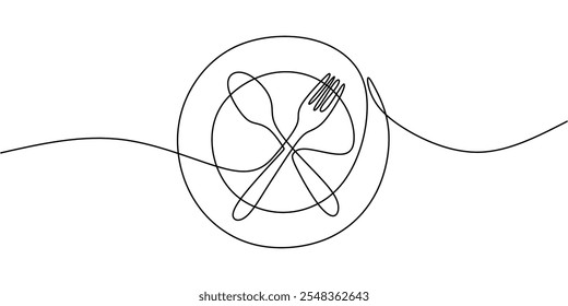 A knife and fork crossed on a plate, captured in a continuous one line drawing style. Minimalist food concept.