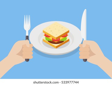 Knife and fork cutlery in hands with sandwich. Vector illustration