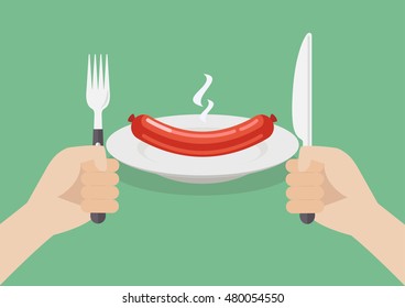 Knife and fork cutlery in hands with sausage. Vector illustration