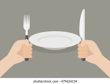 Knife and fork cutlery in hands with white plate. Vector illustration