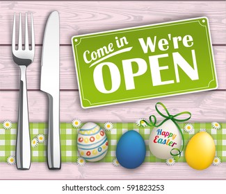 Knife and fork with easter eggs and open sign on the wooden background. Eps 10 vector file.