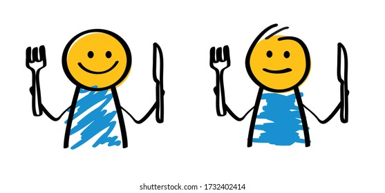 Knife and fork, eating drinking Happy smile stickman emoji icons Funny comic cook stick figures man, woman, kids Vector cooking emotions sign drawing hungry cartoon person Eat breakfast, lunch, dinner