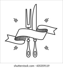 Knife and fork with an elegant ribbon. Set for barbecue. Cutlery, Vector sign.