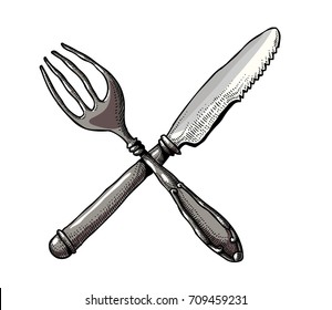 Knife and fork hand drawn image. Original colorful artwork, comic childish style drawing.