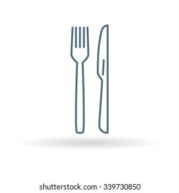 Knife and fork icon. Eating utensils sign. Cutlery symbol. Thin line icon on white background. Vector illustration.