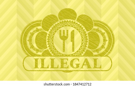 Messer und Gabel Symbol und Illegaler Text Gelber Schlaganfall realistisches Emblem. Zitrone, exquisites Hintergrund. Vektorgrafik. 