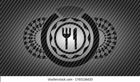 knife and fork icon inside carbon fiber dark emblem. Polymer texture luxurious background. Vector illustration. 
