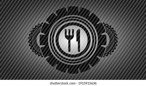 knife and fork icon inside carbon fiber realistic emblem. Polymer texture fancy background. Artistic illustration. 