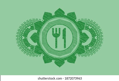 ícono de cuchillo y tenedor dentro del emblema realista de Green Toco. Eco delicado fondo. Ilustración. 