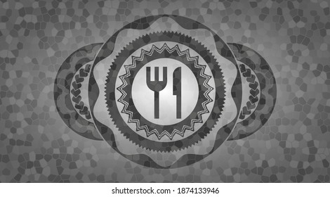 knife and fork icon inside grey stone wall realistic emblem. Rock exquisite background. Intense illustration. 
