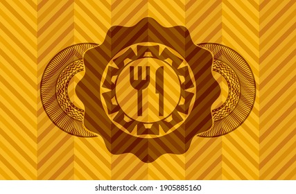 knife and fork icon inside orange color realistic badge. Geometric fancy background. Illustration. 