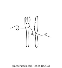 Knife and fork icon, one line continuous drawing. Hand drawn linear silhouette. Minimal vector illustration, outline print, graphic design, banner, card, poster, menu, logo, sign, symbol. Transparent 