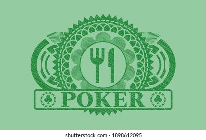 knife and fork icon and Poker text Green stroke badge. Eco fancy background. Vector illustration. 