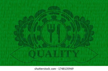 knife and fork icon and Quality text green grass realistic badge. Eco handsome background. Vector illustration. 