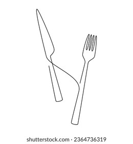 Knife and fork icon vector. One line continuous drawing. Hand drawn linear silhouette. Minimal illustration, outline print, graphic design, banner, card, brochure, poster, menu, logo, sign, symbol.