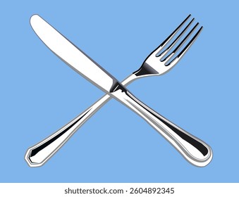 Knife and fork isolated on blue background. Vector realistic illustration