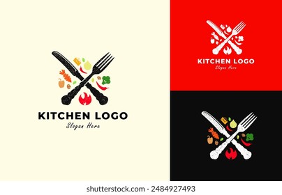 knife and fork kitchen logo design is a logo that illustrates a knife and fork crossing each other with food ornaments around it. A logo for restaurants, food businesses, etc.