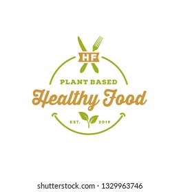 Knife Fork Leaf Organic Natural Fresh Food Dish Menu Restaurant Label Vintage logo design