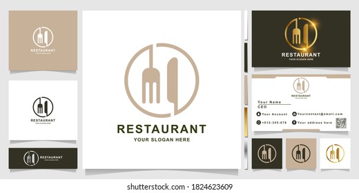 Knife and fork line or restaurant logo template with business card design