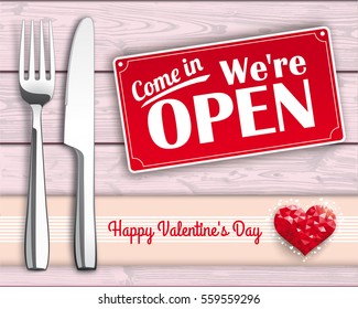 Knife and fork with lowpoly heart and sign on the wooden background. Eps 10 vector file.