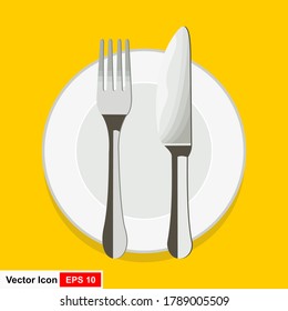 Knife and Fork on Plate. Top view. Vector illustration.