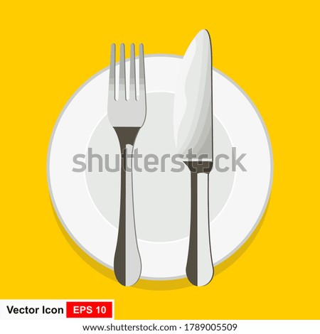 Knife and Fork on Plate. Top view. Vector illustration.