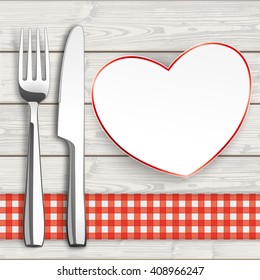 Knife, fork and paper heart with checked table cloth on the wooden background. Eps 10 vector file.