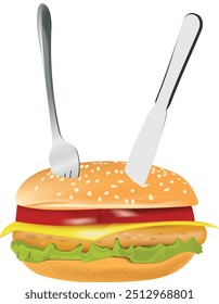 Knife and fork piercing delicious cheeseburger isolated on white background