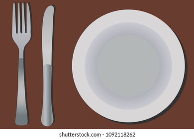 Knife, fork and plate.