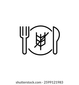 Knife, fork, plate and crossed wheat. Gluten-free diet or menu catering to special needs. Pixel perfect, editable stroke vector icon