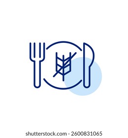 Knife, fork, plate and crossed wheat. Gluten-free diet or menu catering to special needs. Pixel perfect, editable stroke vector icon