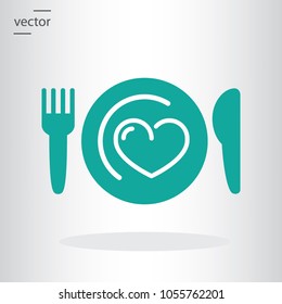 knife, fork, plate, heart icon - vector illustration EPS, flat design icon.