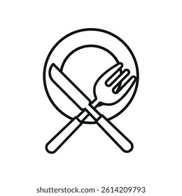 Knife, fork, and plate icon illustrates classic table setup, ideal for dining, meals, and food service.