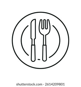 Knife, fork, and plate icon illustrates classic table setup, ideal for dining, meals, and food service.