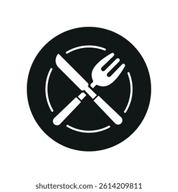 Knife, fork, and plate icon illustrates classic table setup, ideal for dining, meals, and food service.