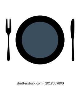 Knife, fork and plate isolated on white background. Vector Illustration