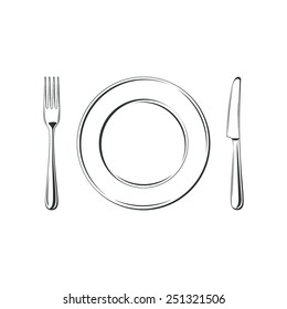 Knife, fork and plate, isolated on white background. Simple Icon. Vector illustration