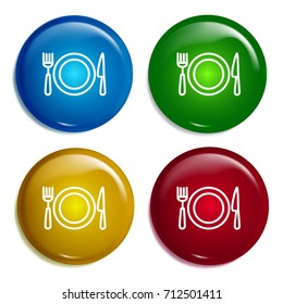 Knife fork and plate multi color gradient glossy badge icon set. Realistic shiny badge icon or logo mockup