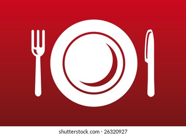 Knife, fork and plate on red background