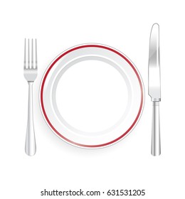 Knife and Fork with Plate on White Background