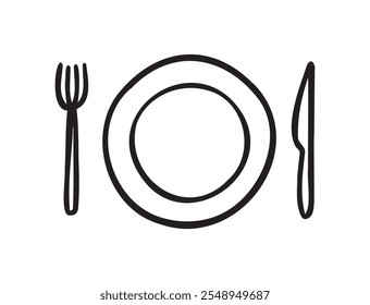 Cuchillo, tenedor y contorno de la placa. Tabla que fija los iconos dibujados a mano del doodle. . Ilustración vectorial