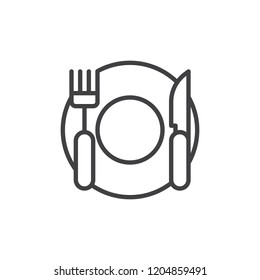 Knife fork and plate top view outline icon. linear style sign for mobile concept and web design. Table Cutlery simple line vector icon. Food restaurant symbol, logo illustration. Vector graphics