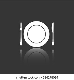 knife fork and plate vector icon with mirror reflection