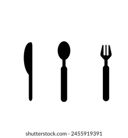 knife, fork, and spoon are arranged side by side in a classic cutlery set layout, indicating mealtime utensils often used for dining.