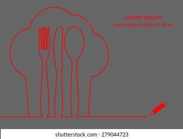 Knife fork spoon and chef hat line drawing vector.