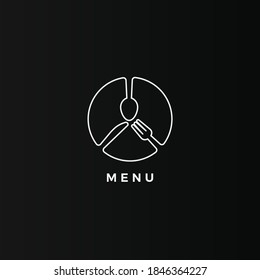 Icono de contorno de cuchillo, tenedor y cuchara. Plantilla del logotipo del lino de restaurante. Dibujo redondeado de contorno para el menú. Idea moderna de emblema. Diseño de concepto de Logotipo para empresas. Ilustración vectorial aislada