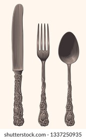 Knife fork spoon. Design set. Hand drawn engraving. Editable vector vintage illustration. Isolated on light background. 8 EPS 