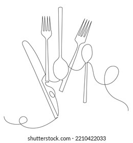 knife, fork, spoon drawing in one continuous line, isolated vector