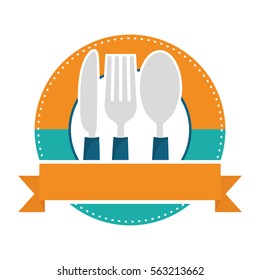 knife, fork and spoon emblem over white background. colorful design. vector illustration
