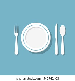 Knife fork spoon empty white plate with a rim. Vector illustration flat design. Isolated on background. Cutlery, served table.